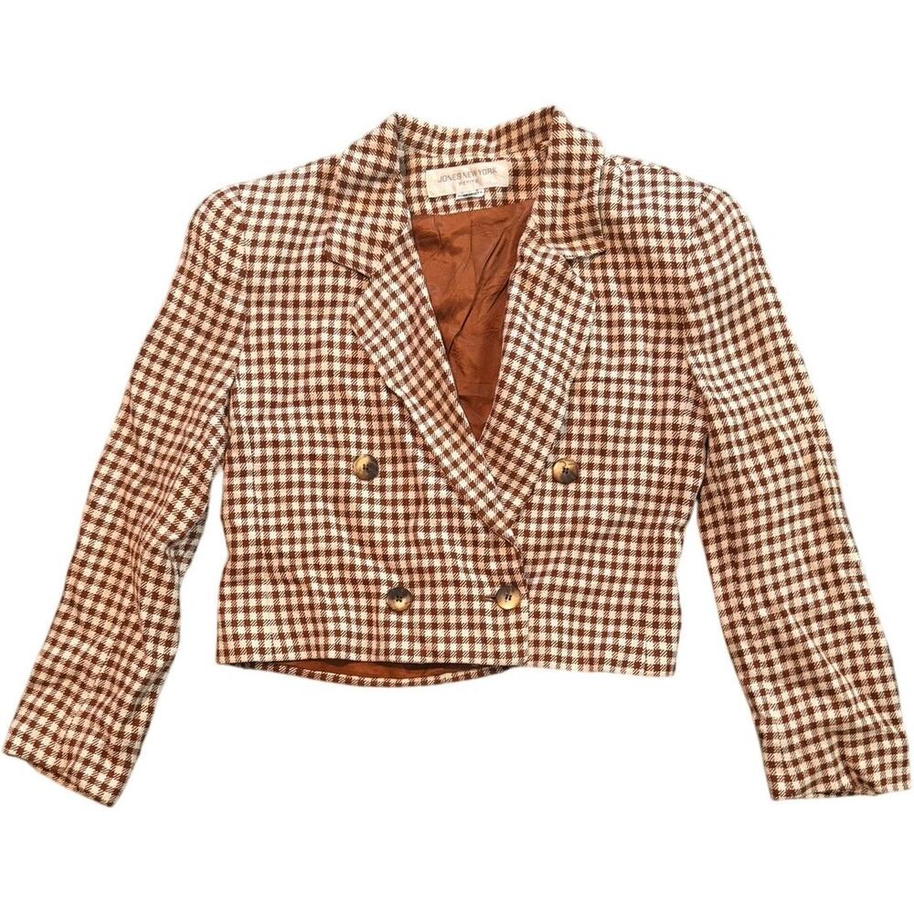 Vintage 90s Jones New York Gingham Houndstooth Blazer Jacket Petite Size 2P USA
